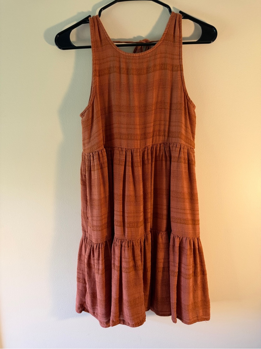 American Eagle XS-S Rust Tiered Mini Dress Oversized Fit Cotton Blend Tie Back
